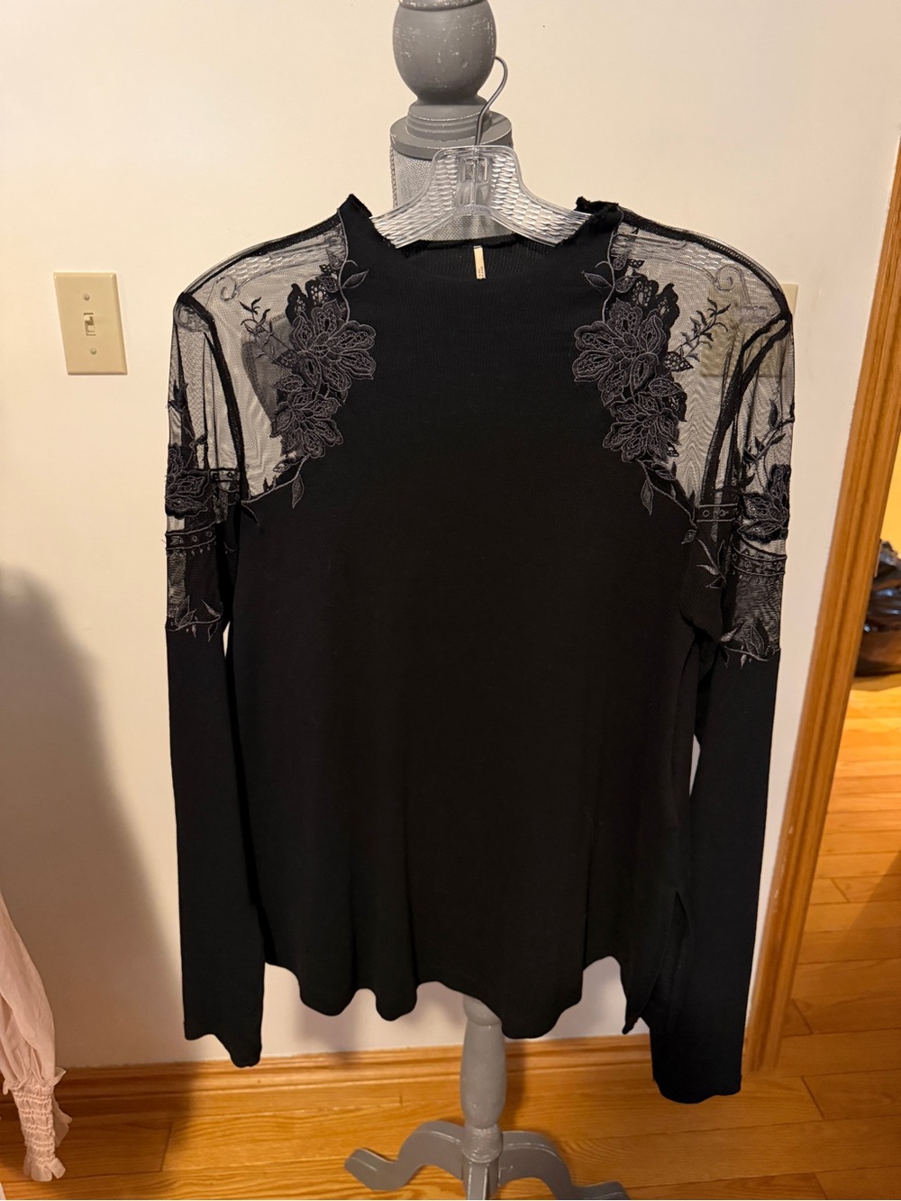 Free People Black Long-Sleeve Top with Lace Floral Yoke
